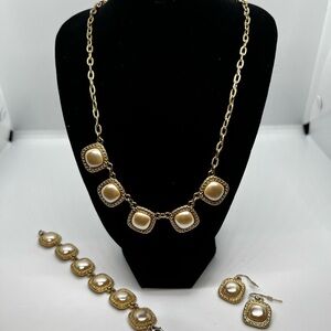 Elegant Gold and Cream Jewelry Set of three necklace bracelet earrings